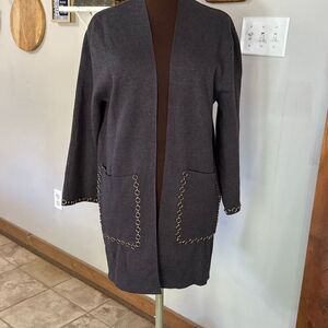 Zara knit open cardigan sweater womens size small gray gold chain teacher oversi